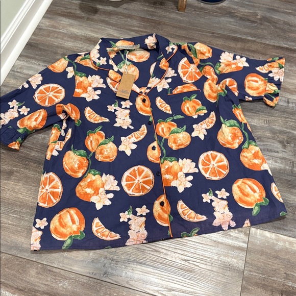 ANTHROPOLOGIE Their Nibs Pajama Set Women XL Blue & Orange Citrus Print NEW